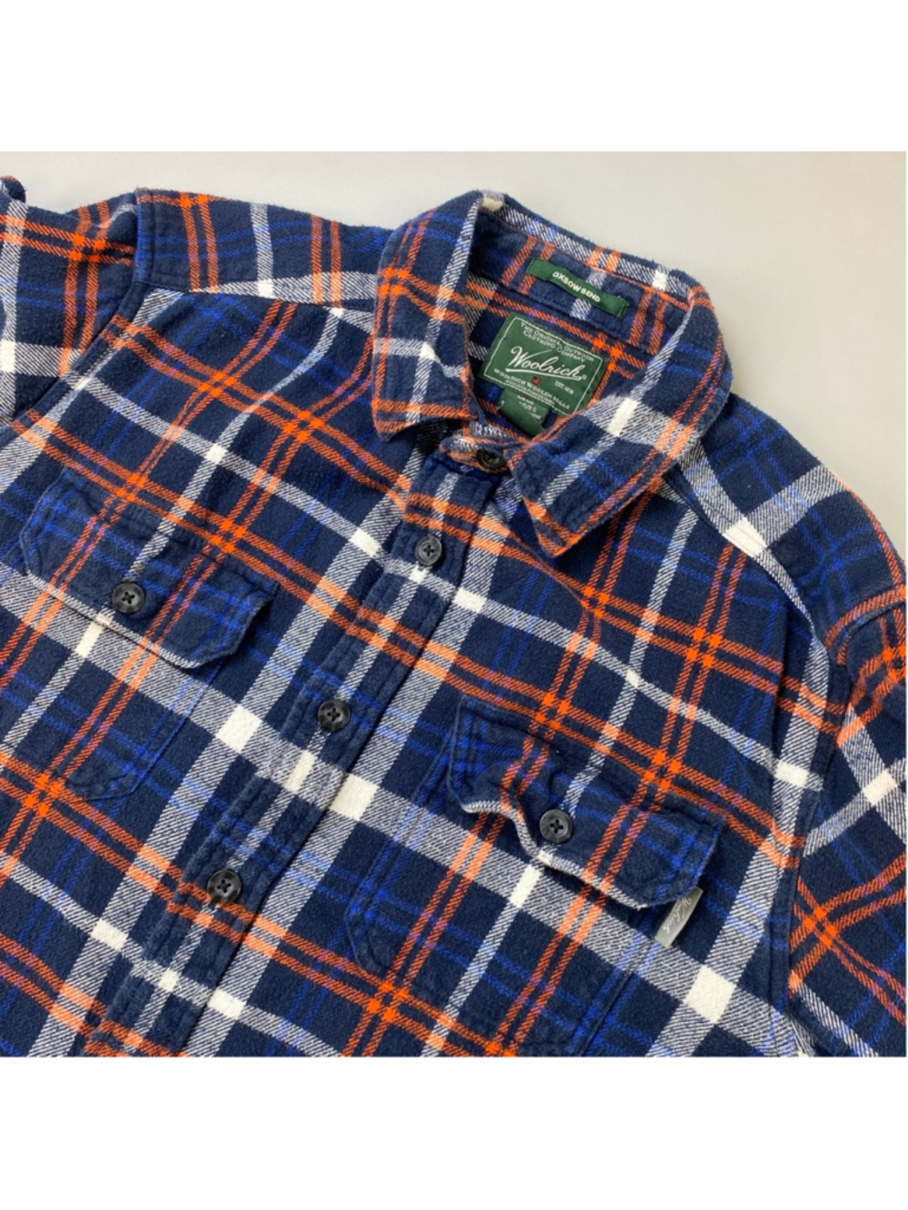 Woolrich Flannel Shirt Large Blue Orange Plaid Oxbow Blend Modern Fit Outdoors